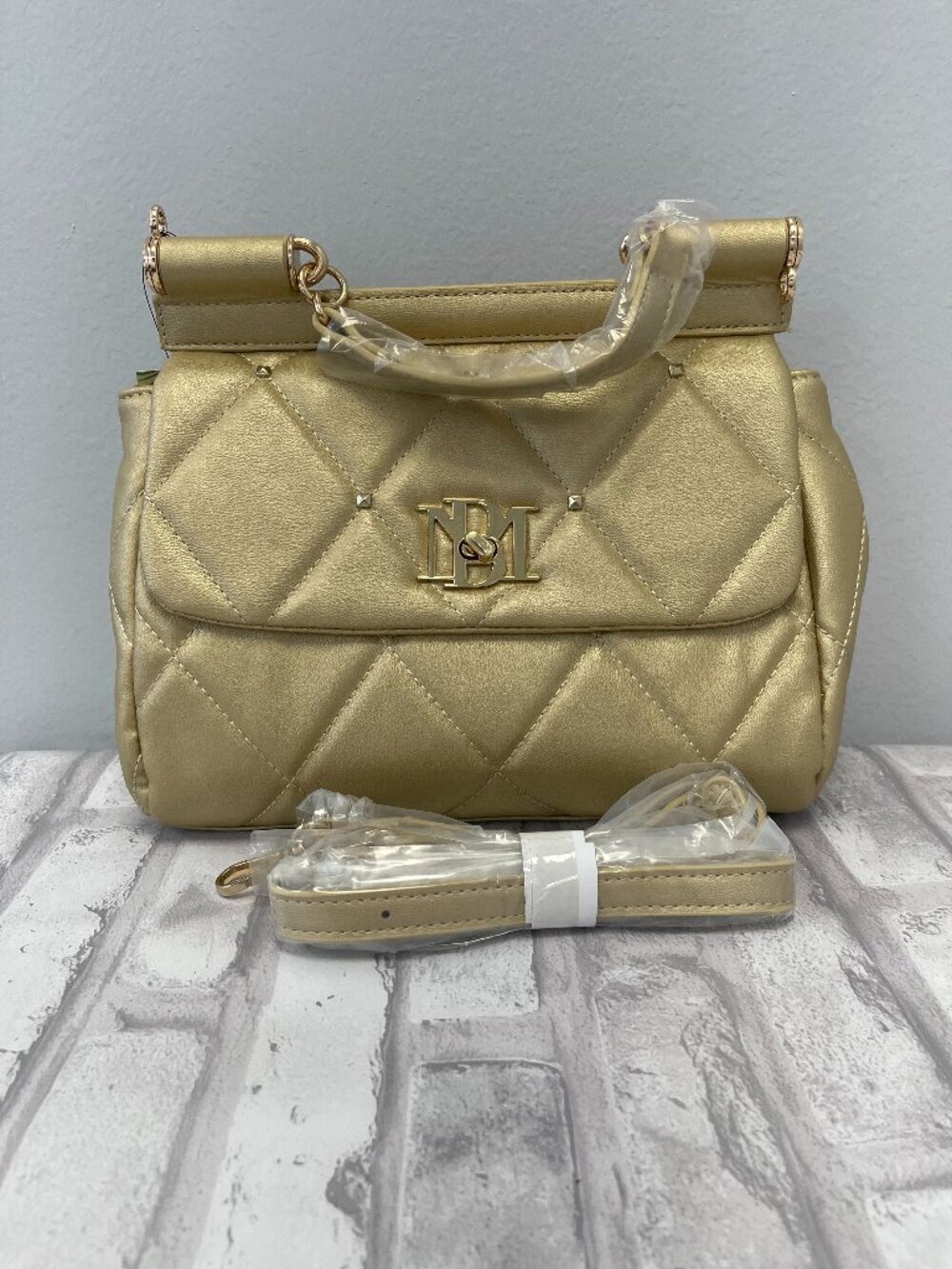 Badgley Mischka Quilted Vegan Leather Metallic Gold 2-Way Bag - BM4131 - NWT
